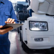 Man tablet vrachtwagen