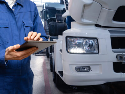 Man tablet vrachtwagen